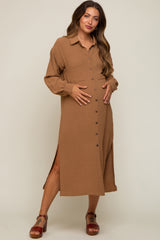 Camel Button Down Collared Maternity Maxi Dress