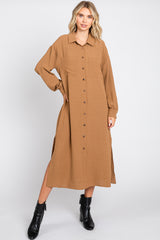 Camel Button Down Collared Maxi Dress