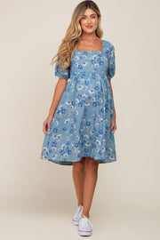 Blue Floral Square Neck Denim Maternity Dress