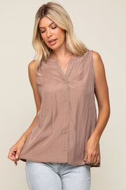 Mocha Sleeveless Front Button Top