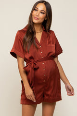 Rust Satin Button Down Maternity Romper