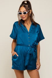 Teal Satin Button Down Maternity Romper