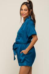 Teal Satin Button Down Maternity Romper