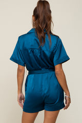 Teal Satin Button Down Maternity Romper