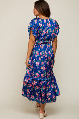 Royal Blue Floral Satin Ruffle Maternity Midi Dress