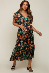 Black Floral Satin Ruffle Maternity Midi Dress