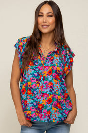 Fuchsia Multi-Color Floral Ruffle Front Tie Maternity Top