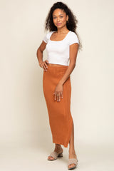 Camel Ribbed Side Slit Sweater Maternity Midi Skirt