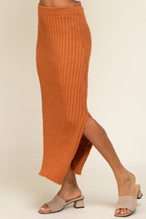 Camel Ribbed Side Slit Sweater Midi Skirt