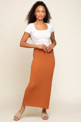 Camel Ribbed Side Slit Sweater Midi Skirt