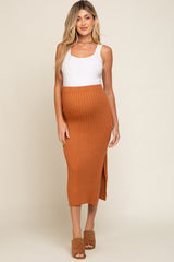 Camel Ribbed Side Slit Sweater Maternity Midi Skirt