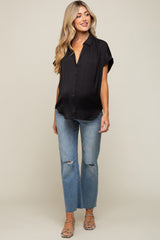 Black Satin Button Front Collared Short Sleeve Maternity Top