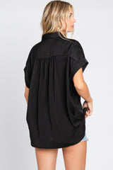 Black Satin Button Front Collared Short Sleeve Top