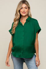 Forest Green Satin Button Front Collared Short Sleeve Maternity Top