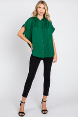 Forest Green Satin Button Front Collared Short Sleeve Top