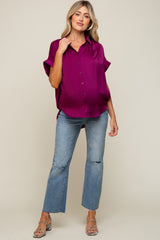 Magenta Satin Button Front Collared Short Sleeve Maternity Top