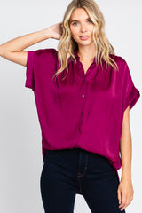 Magenta Satin Button Front Collared Short Sleeve Maternity Top