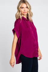 Magenta Satin Button Front Collared Short Sleeve Top