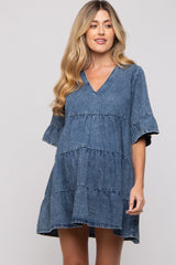 Blue Vintage Wash Tiered Maternity Dress