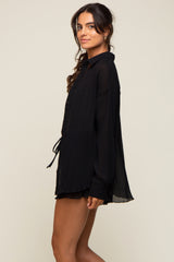 Black Pleated Long Sleeve Short Set