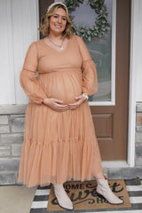 Rust Mesh Overlay Tiered Maternity Maxi Dress