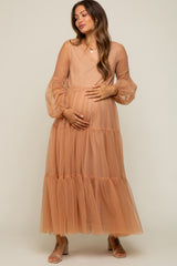 Rust Mesh Overlay Tiered Maternity Maxi Dress