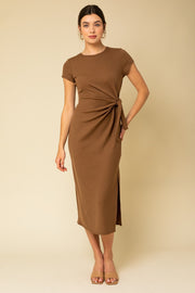 Brown Rib Knit Side Tie Midi Dress