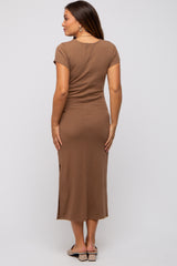 Brown Rib Knit Side Tie Maternity Midi Dress