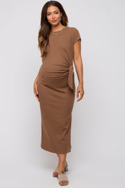 Brown Rib Knit Side Tie Maternity Midi Dress