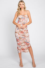 Multicolor Floral Mesh Ruched Midi Dress