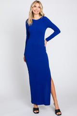 Royal Ribbed Long Sleeve Side Slit Maxi Dress