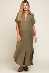 Olive Button Down Maternity Midi Dress