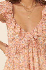 Peach Floral Wide Deep V Ruffle Flounce Mini Dress