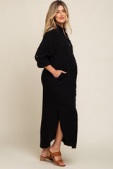 Black Button Down 3/4 Sleeve Maternity Midi Dress