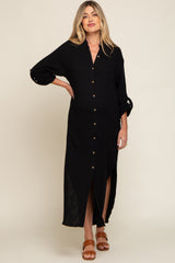 Black Button Down 3/4 Sleeve Maternity Midi Dress