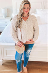 Beige Chunky Knit Button V-Neck Maternity Sweater