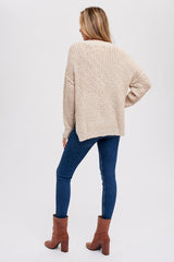 Beige Chunky Knit Button V-Neck Sweater