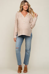 Beige Chunky Knit Button V-Neck Maternity Sweater