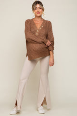 Mocha Chunky Knit Button V-Neck Maternity Sweater