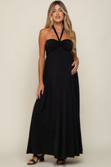 Black Front Knot Halter Maternity Maxi Dress