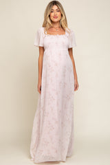 Light Pink Floral Smocked Chiffon Maternity Maxi Dress