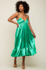 Green Satin Smocked V-Neck Midi Dress