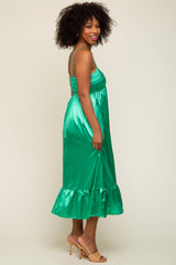 Green Satin Smocked V-Neck Midi Dress