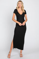 Black Basic Ribbed Side Slit Midi Dress