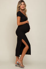 Black Basic Ribbed Side Slit Maternity Midi Dress