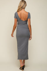 Grey Basic Ribbed Side Slit Maternity Midi Dress