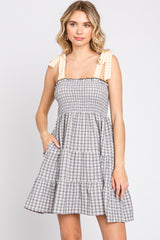 Black Gingham Color Block Shoulder Strap Maternity Dress