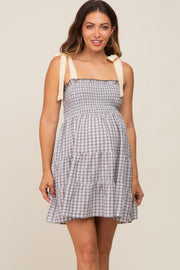 Black Gingham Color Block Shoulder Strap Maternity Dress