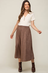 Mocha Suede Pleated Maternity Midi Skirt