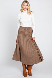 Mocha Suede Pleated Midi Skirt